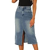 Allegra K Denim Skirt for Women's High Waist Slit Front Washed Jean Midi Skirts with Pockets