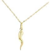 14K Yellow Gold Cornicello Italian Horn Necklace Good Luck Charm Pendant with 1.2mm Singapore Chain