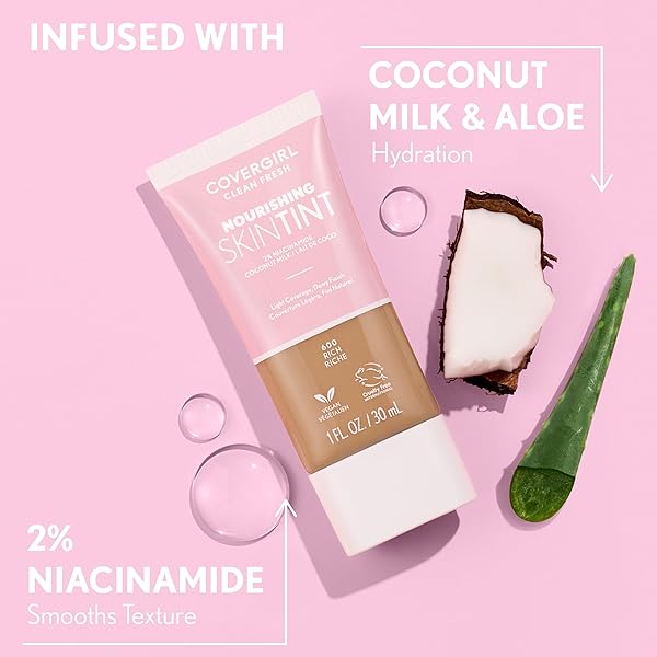 COVERGIRL CLEAN FRESH NOURISHING SKIN TINT, 570 MEDIUM/TAN, LIQUID FOUNDATION, DEWY FINISH, INFUSED WITH COCONUT & ALOE, VEGAN FORMULA