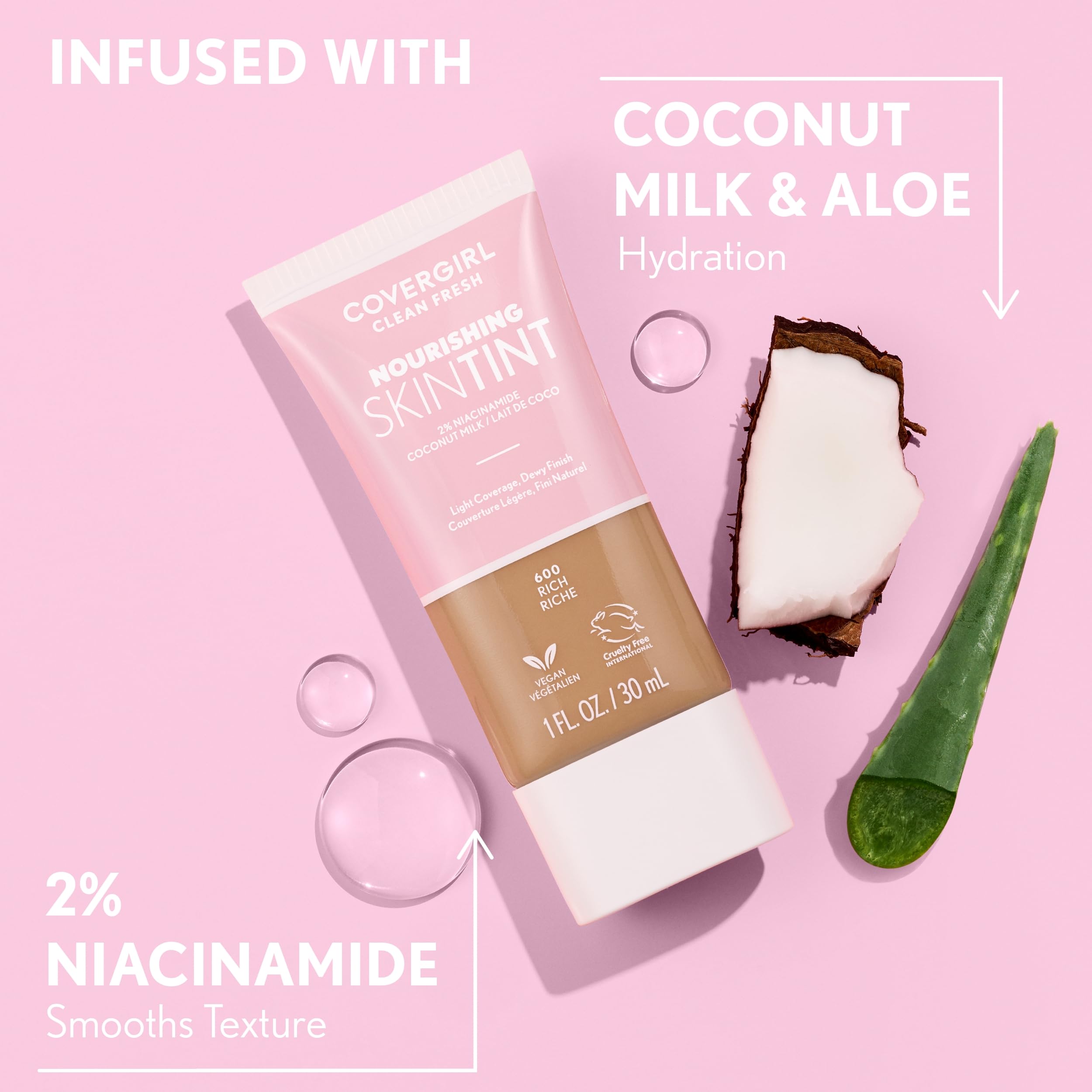 COVERGIRL Clean Fresh Nourishing Skin Tint, 550 Light/Medium, Liquid Foundation, Dewy Finish, Infused with Coconut & Aloe, Vegan Formula