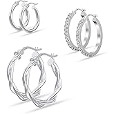 Charmsy Set of 3 Pairs 925 Sterling Silver Hoop Earrings for Women | Lightweight Italian 2.5mm Tube Diamond-Cut Classic Texured Click-Top Hoops Earring | Size 12/13/15/18/20/25mm