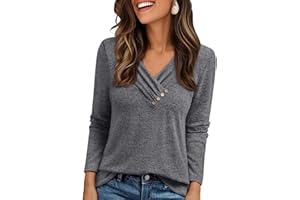 AUTOMET Womens Long Sleeve Tunic Top V Neck Button Shirts 2025 Dressy Casual Business Blouses