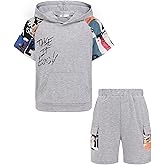 Arshiner Boys 2 Piece Summer Outfits Letter Graphic Colorblock Short Sleeve Hoodie and Short Sets whith Pockets 5-12 Years
