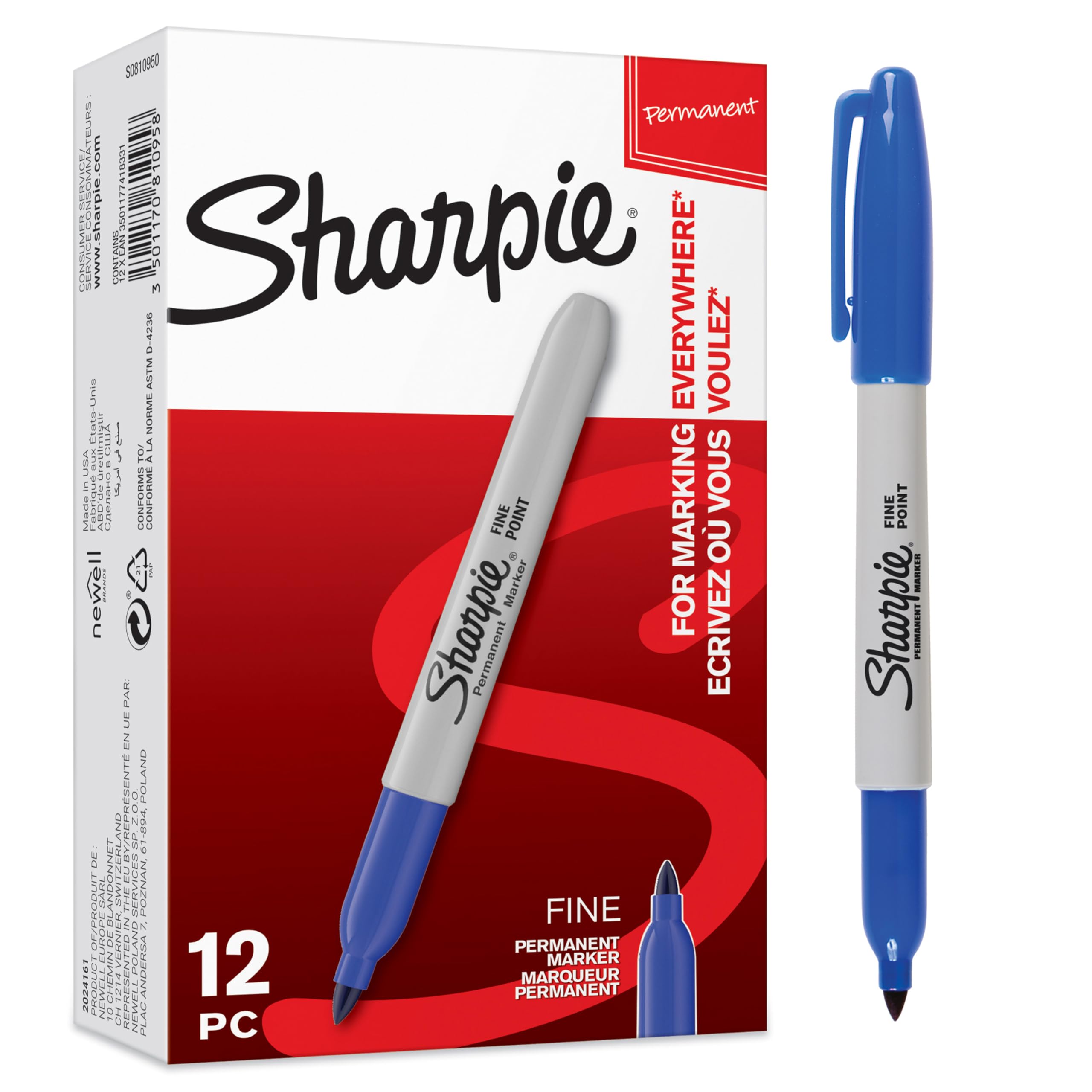 Sharpie Permanent Markers | Fine Point for Bold Details | Blue Ink | 12 Marker Pens
