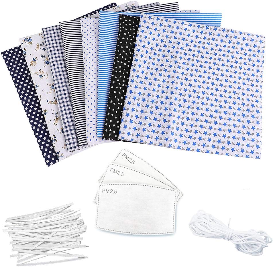 Junejour 8PCS Cotton Fabric Set 19.7x19.7 Inches Prints Flower Cloth Quilting Patchwork for Manual DIY Sewing Crafts with Nose Bridge Strip Elastic Band