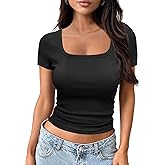 WAYMAKER Women's Casual Short Sleeve Square Neck Summer Tops Ribbed Knit Slim Fit Tee Shirts