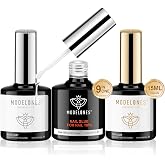 modelones X Nail Gel Glue and Top Base Coat Set 15ML 3 PCS U V Cure | No Wipe Clear Gel Polish 9 in One Nail Glue for Nail Tips Press Ons Rhinestone Long Lasting Glossy Soak Off DIY Home Manicure