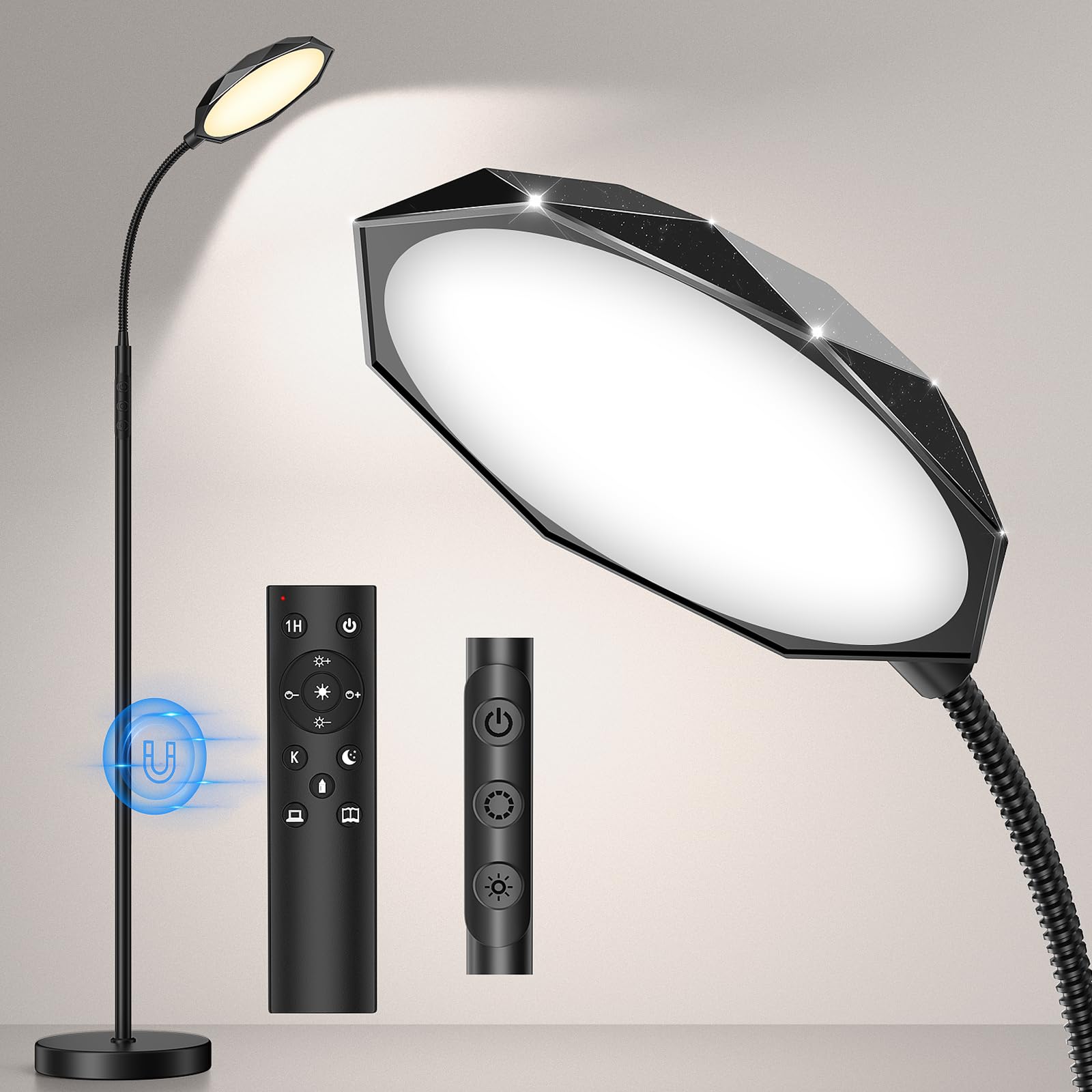 Floor Lamp, 18W Bright LED Floor Lamps for Living Room with Diamond-Surface, Stepless Adjustable Colors & Dimmer Standing Lamp with Timer, Remote & Touch Control, Reading Lights for Bedroom, Office Image