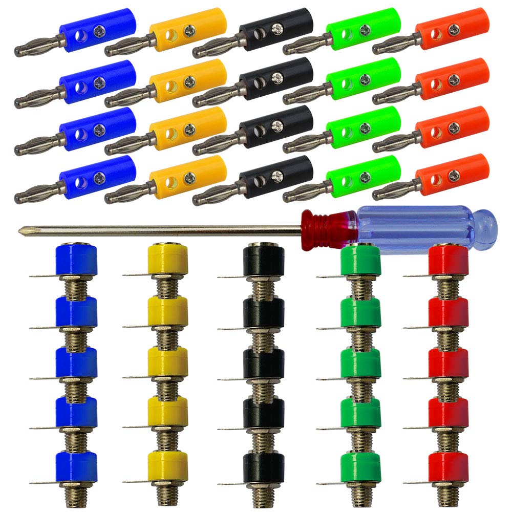 senvenelec 50Pcs 4mm banana adapter, banana terminal, mini wiring post, banana panel - 5 colors (25 male + 25 female)