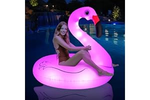 Inflatable Flamingo Pool Floats with Lights, FlyfreeU Solar Powered Flamingo Swim Tube Rings, 42'' Lake Beach Floaties Swimming Rings Summer Pool Raft Lounger for Adults Water Party Supplies.
