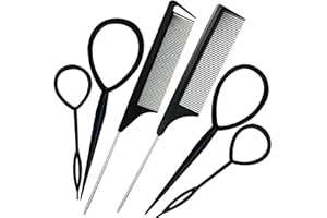 LINMXIY Topsy Hair Tail Tool&Rat Tail Comb.6Pcs Hair Loop Styling Tools Set with 2Pcs Metal Pin Heat Resistant Rat Tail Combs,4Pcs Pony Tail Hair Tool, Hair Flip Tool for Hair Styling,Black,Schembo A Gift