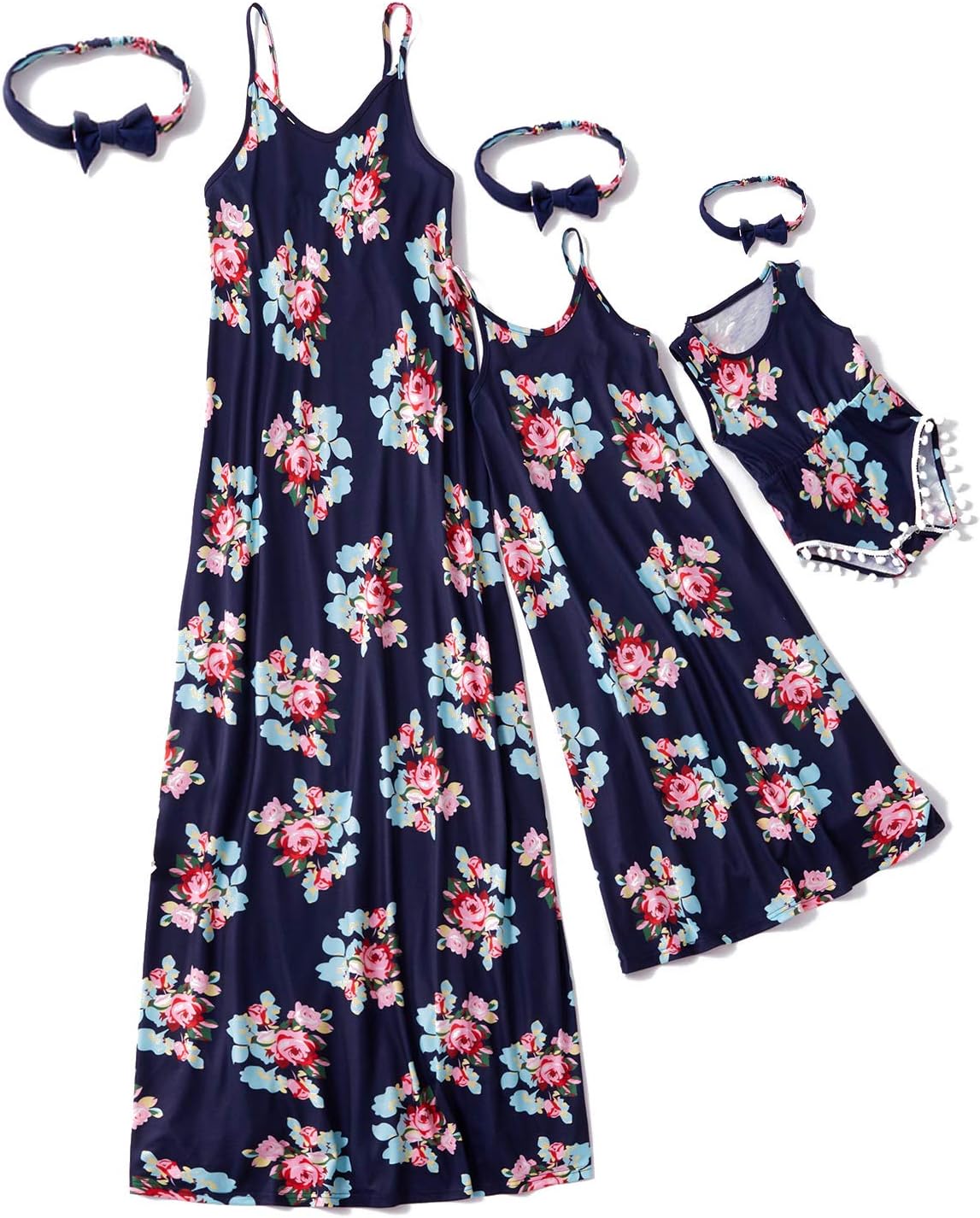 Mommy and Me Matching Maxi Dress Spaghetti Strap Floral Printed Summer Casual Sleeveless Long Dress with Headband