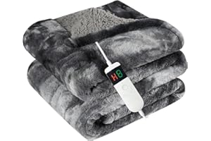 Cushious Electric Heated Blanket Throw 50''x60''Size Faux Fur Heating Blanket 10 Heating Settings, 1-8h Timer & Overheat Protection, Machine Washable, Soft Flannel and Sherpa Full Body Warmth