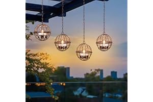 TWINKVILLA Outdoor Solar Hanging Lanterns Waterproof, Globe Hanging Candle Holder with Flickering Solar Powered Tea Lights, Chargeable Chandelier Light for Backyard Patio Garden Fence Tree Decoration-4Pack