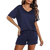 Ekouaer Womens Pajamas Short Sleeve Sleepwear 2 Piece Pj Set Casual V Neck Lounge Sets with Pockets S-XXL