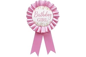 WOWOPA Birthday Girl Tinplate Badge Pin, Happy Birthday Pink Leaves Pattern Pink Corsage Button for Women Girl Birthday Award Ribbon Party Decorations