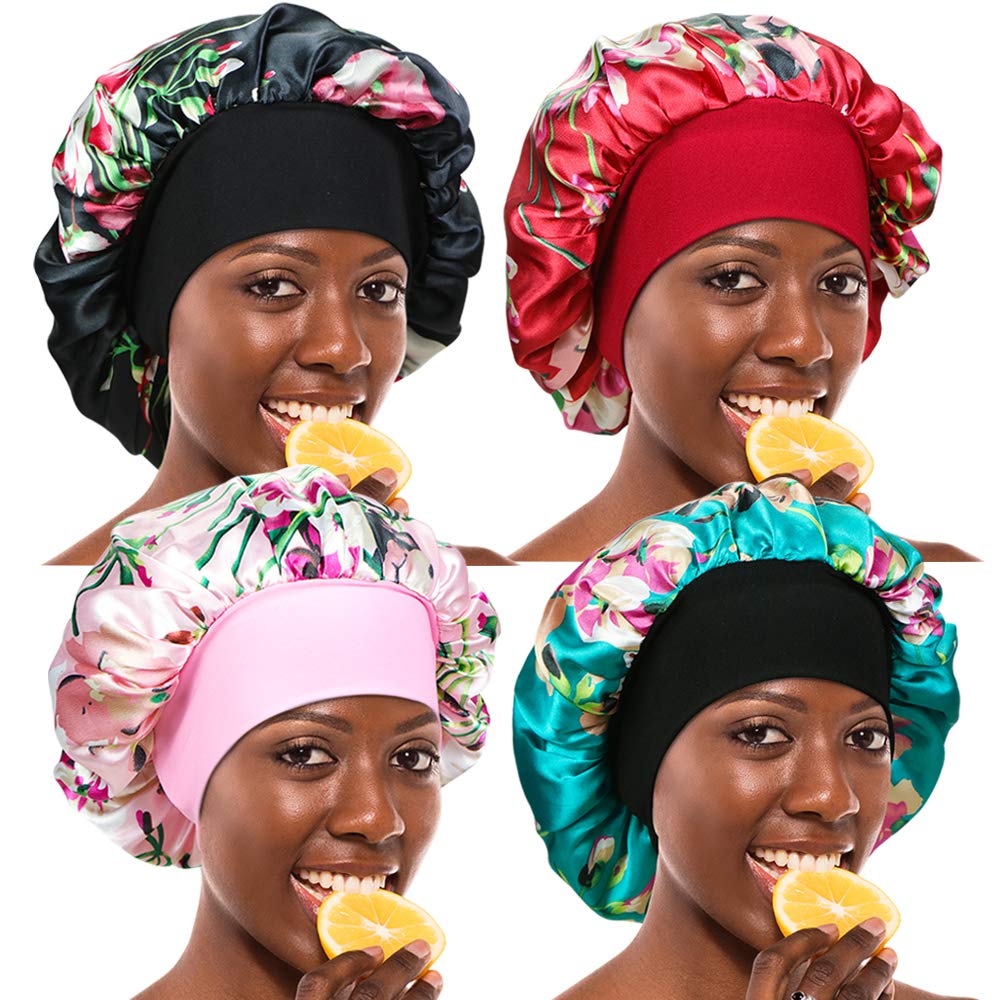 4 Pieces Wide Band Satin Cap Sleep Bonnet Soft Night Sleep Hat Hair Loss Cap Salon Bonnet for Women, 4 Colours