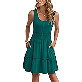 AUSELILY Women Summer Dress Sleeveless Tank Button Down Dresses Tiered Smocked Elastic Waist with Pockets