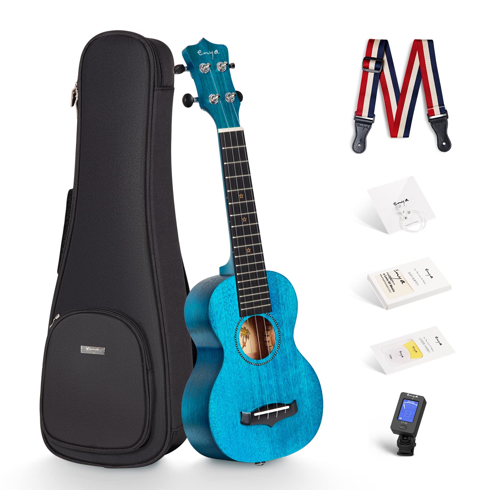 Soprano Ukulele Enya 21" Blue Solid Mahogany Top Ukulele Beginner Kit with Online Lesson, Case, Tuner, Strap, Strings, Pick (EUS-25D BU)