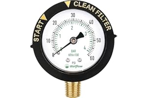 Watflow 2" Start and Clean Filter Pressure Gauge, Pool Filter Pressure Gauge, Swimming Pool Gauge, 1/4" NPT Lower Mount