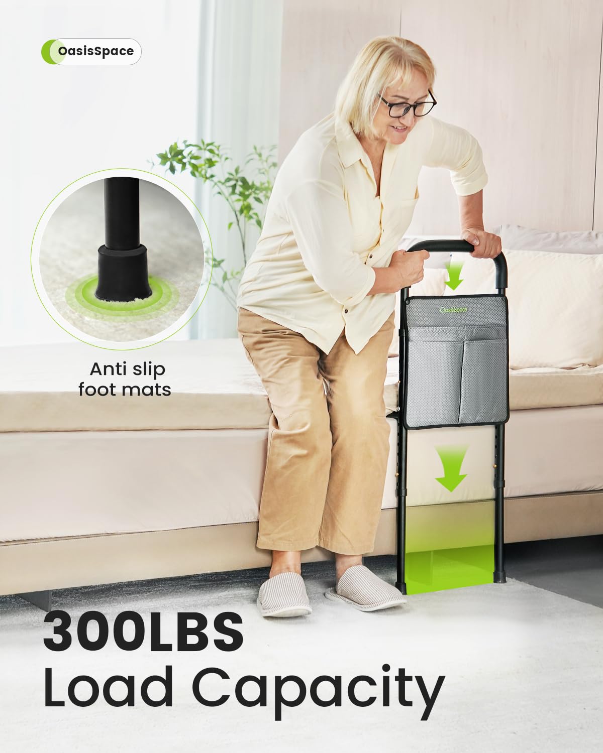 OasisSpace Bed Assist Rail - Bed Assist bar with Storage Pocket - Adjustable Bed Rails for Seniors, Elderly, Handicap - Assistance for Getting in & Out of Bed At Home - Fit Queen, King, Full, Twin