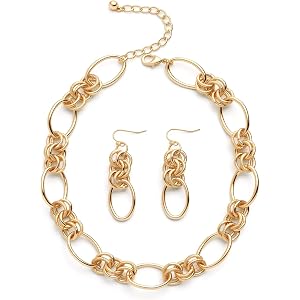 Gold Chunky Necklace and Earring Set Trendy Chain Choker Necklace for Women | Statement Oval Chain Link Collar Necklace Fashi