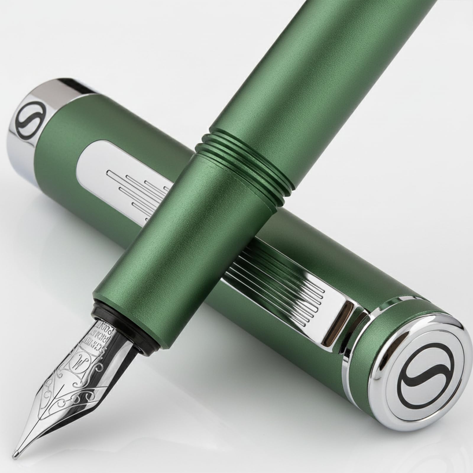 Scriveiner Luxury EDC Fountain Pen (Medium), Stunning Matt Green with Chrome Finish Pocket Pen with Genuine Schmidt Nib, Includes Converter and Spare Cartridges, Best Writing Gift Set for Men & Women