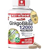 Nutridom Ginkgo Biloba 12000 mg – Extra Strength 24% Flavonoid, 6% Terpene – Memory, Focus & Circulation Support – Non-GMO, V