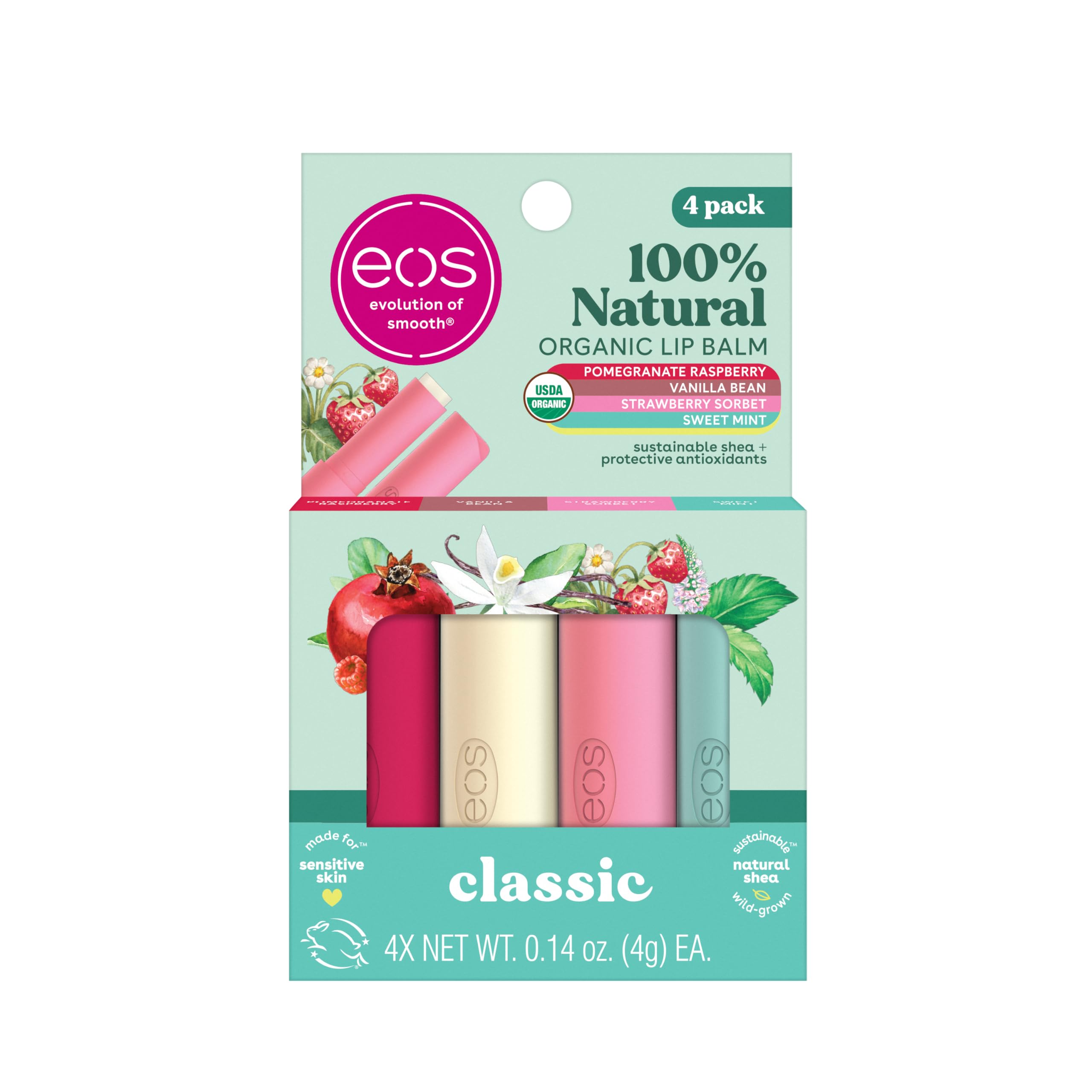 Photo 1 of eos 100% Natural & Organic Lip Balm Sticks- Strawberry Sorbet, Vanilla Bean, Sweet Mint & Pomegranate Raspberry, Lip Care Products, 0.14 oz, 4-Pack