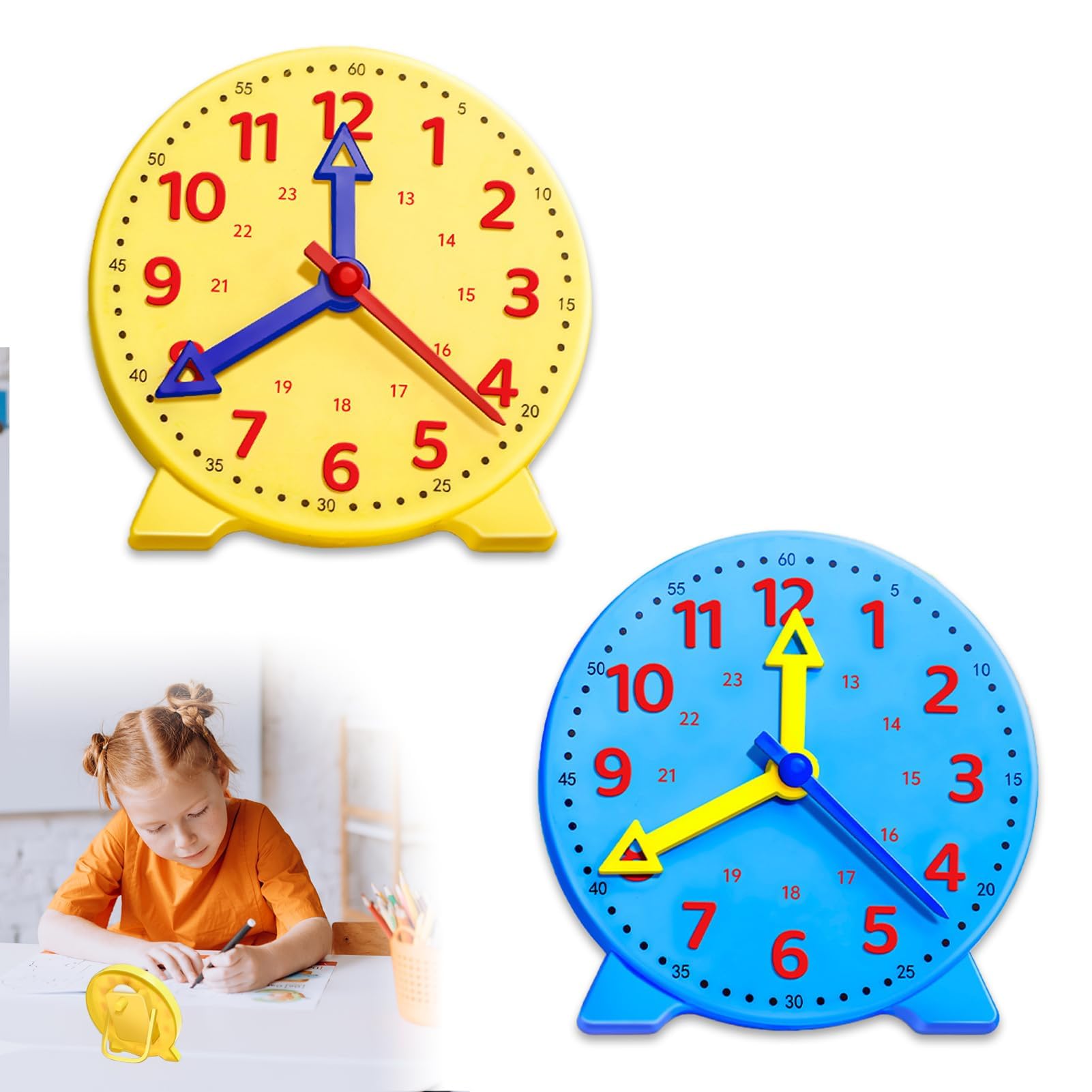 2PCS Teaching Clock for Children Learning Clock for Kids Moveable Learn to Tell the Time Clocks Yellow or Blue Time Teaching & Demonstration Clocks Ideal for Ages 3+ 4+ 5+ Early Education Diameter10cm