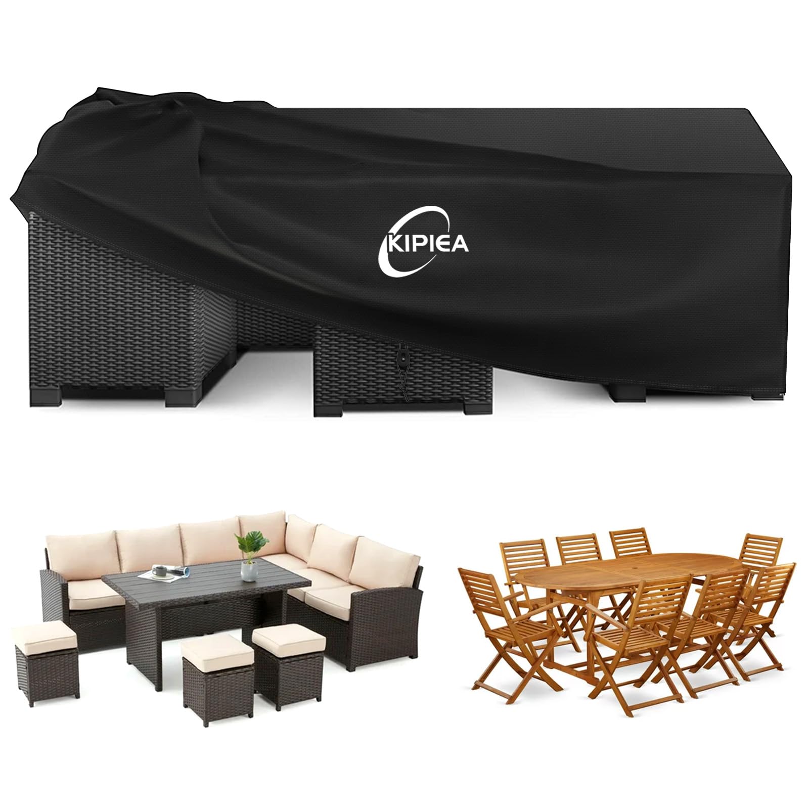 Kipiea Garden Furniture Covers Waterproof for Outdoor Rattan Table Cover Windproof, 420D Heavy Duty Patio Furniture Sofa Set Covers, Anti-UV, No Tear, No Fading, Rectangular 229 x 147 x 71cm