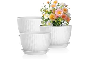 Meowell 12/10/9 inch Large Plant Pots, 3 Pack Wide Flower Pots for Outdoor Indoor Plants with Water Ripples, Big Plastic Planters with Drainage Holes and Saucers for Garden House Plants, White