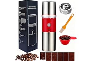 TOYCOL Electric Conical Burr Coffee Grinder,Travel Coffee Maker with grinder Stainless Steel,Portable Cordless Rechargeable Espresso Coffee Bean Grinder Machine with 15 Grind Settings Fine to Coarse（Red)