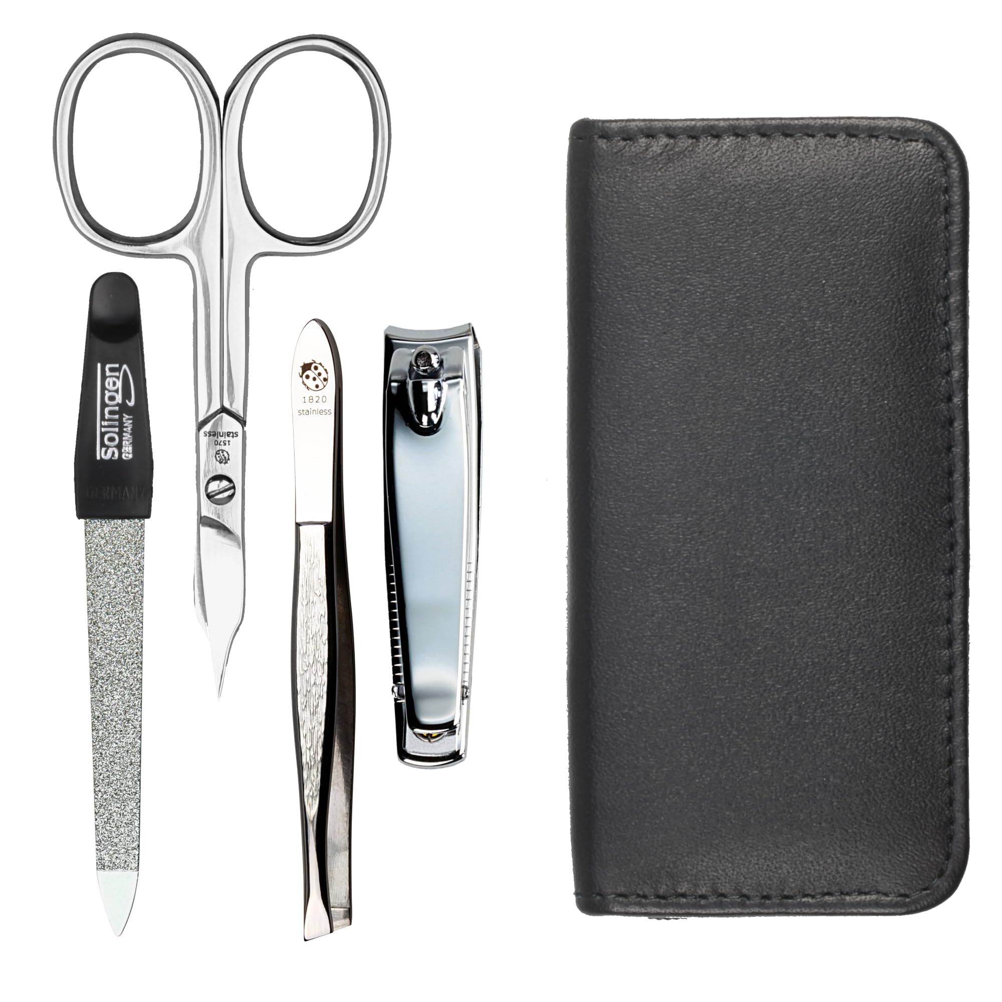 Manicure Set 4-Piece Travel Case - Nail Scissors, Nail Clippers, Nail File and Tweezers - Case Made of Genuine Nappa Lambskin Leather - Manicure and Pedicure (Black) โ image 1