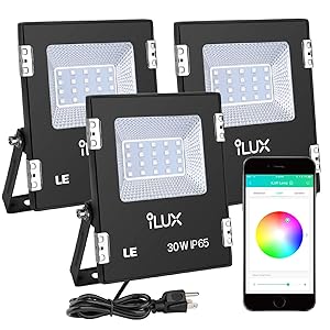 LE iLUX Smart LED Flood Light, Outdoor Plug in, 30W RGB, IP65 Waterproof, Bluetooth Remote Control for iOS and Android, Color Changing with Music, Floodlights for Home, Garden, Balcony, Pack of 3