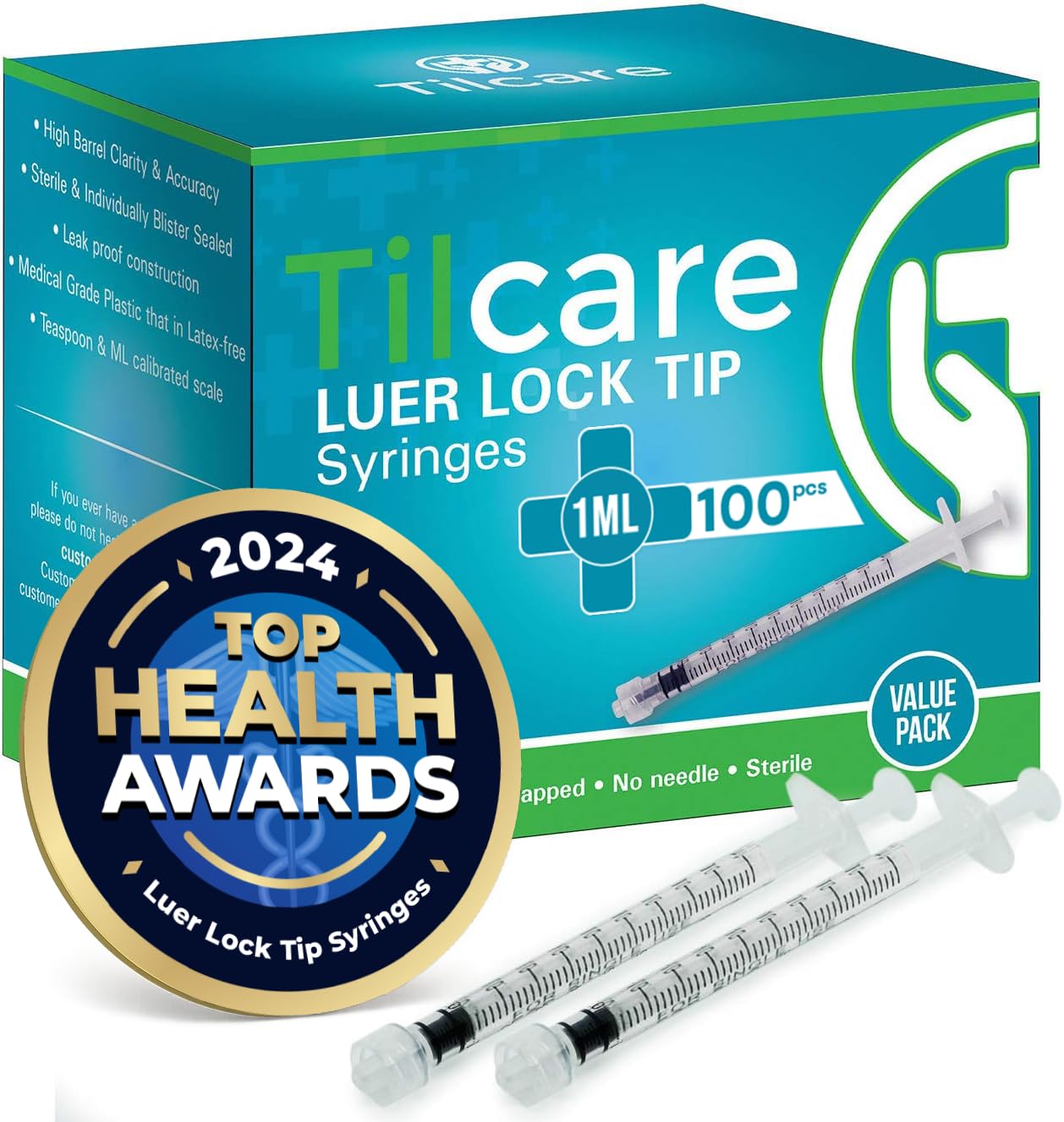 Photo 1 of 1ml Syringe Without Needle Luer Lock 100 Pack by Tilcare - Sterile Plastic Medicine Droppers for Children, Pets or Adults – Latex-Free Oral Medication Dispenser - Syringes for Glue and Epoxy