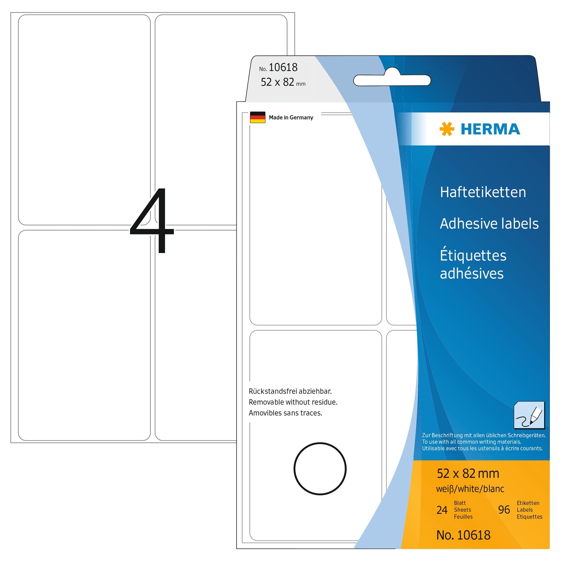 HERMA Movables - Selbstklebende wiederablösbare Etiketten, matt - weiß - 52 x 82 mm 128 Rolle(n) (32 Bogen x 4)