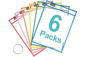 SUNEE 6 Packs Oversized Reusable Dry Erase Pocket Sleeves with Binder Ring, 6 Assorted Colors 10x14 Ticket Holders, Clear Plastic Sheet Protectors, Teacher School Classroom Supplies