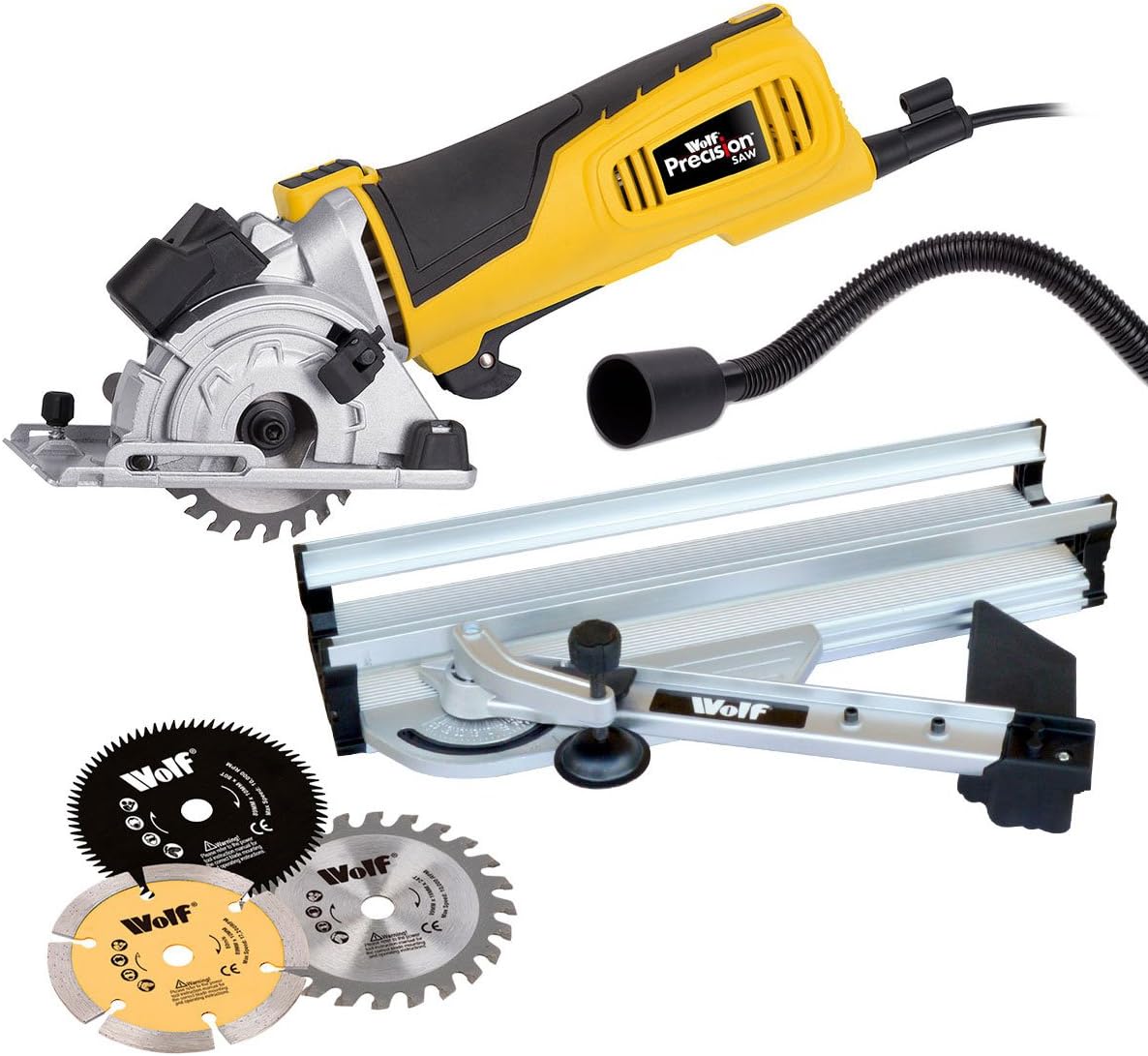 WOLF 600w 89mm Precision Plunge Mini Circular Saw and Mitre Base Guide
