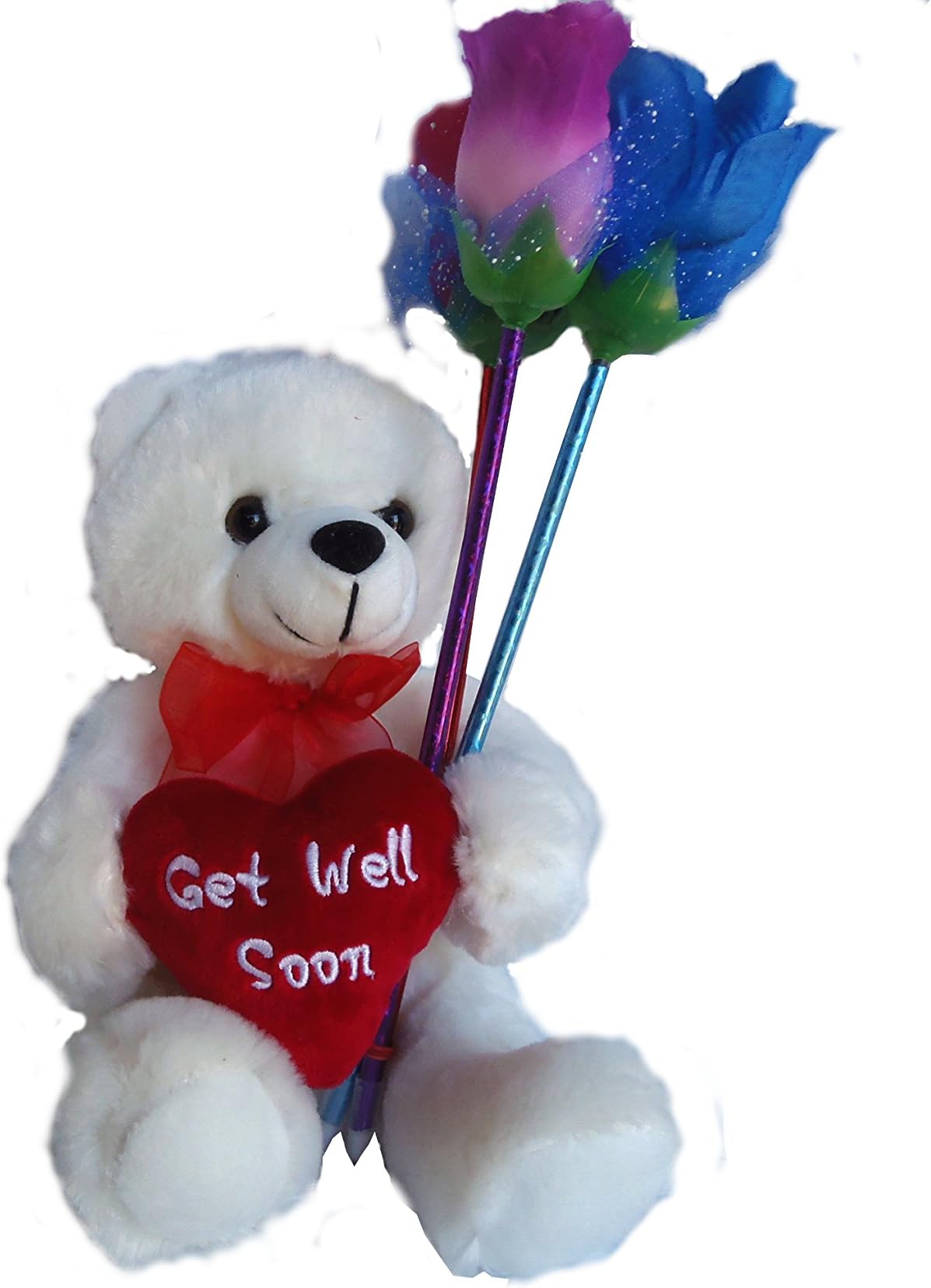 Get Well Soon Teddy Bear with Three Flower Rose Ink Pens, Plush:TBR