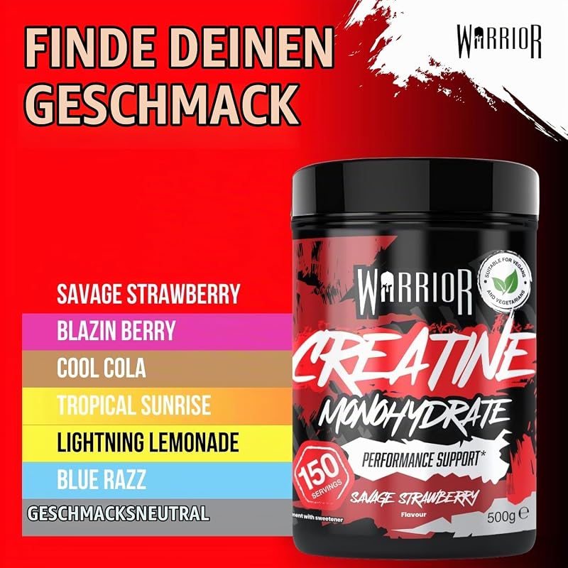 Creatin Monohydrat Pulver 500 g, Kreatin Vegan – Wilde Erdbeer 3 g pro Portion, 150 Portionen, mikronisiert, angenehmer Geschmack, laborgeprüft, für Kraft, Muskelaufbau & Ausdauer