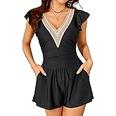 Smismivo Swim Romper Tummy Control Swismuit with Shorts Modest Boyleg Bathing Suit Ruffle Swim Suit Lace V Neck Swimwear