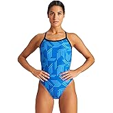 ARENA Women's Swimsuit Puzzled Team Print MaxLife Sports Suit Challenge Back One Piece Bathing Suit Competition Training Racing Swimwear, Black/Royal Multi, US Size 24
