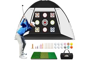 Premkid Golf Net,10x7ft Golf Hitting Training Aids Nets for Backyard Driving Chipping,Golf Practice Net with XL Tri-Turf Golf Mat /12 Golf Balls/12 Golf Tees/Carry Bag