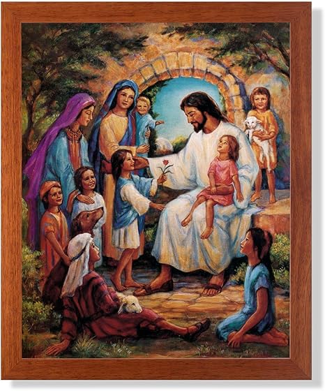 Amazon Com Jesus Christ With Children Religious Home Decor Wall Picture Honey Framed Art Print Posters Prints