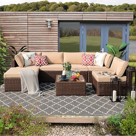 Patiorama Outdoor Furniture Patio Furniture Sectional Sofa Set Backyard All Weather Brown Pe Wicker With Beige Cushions Glass Coffee Table Ottoman Porch Balcony 5 Piece Set