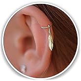 ALOME PIERCINGS 20G Gold Feather Cartilage Piercing Jewelry Earring for Women Dainty Helix Jewelry Small Gold Filled Ring with Delicate Feather Charm