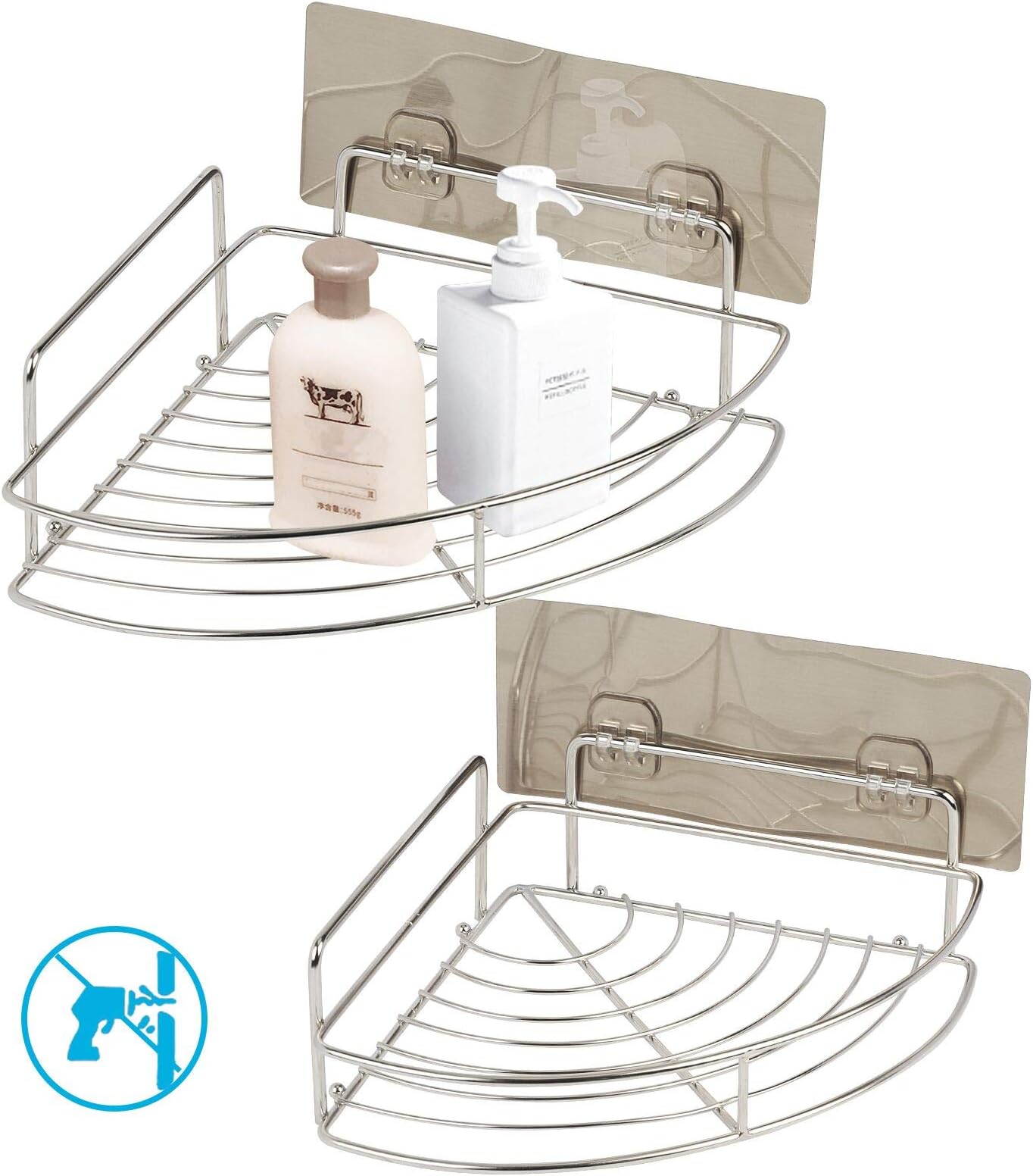 MEZOOM 2 Pack Adhesive Corner Bathroom Shelves Stainless Steel Wall Mounted Shower Caddy Kitchen Rack Organizer Storage Basket with 2 Pcs Self Adhesive Hooks for Shampoo(Bathroom Shelves)