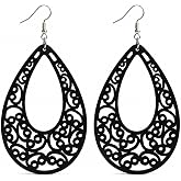 Boho Wooden Teardrop Dangle Earrings | Lightweight Wood Design Hollow Teardrop Shape Intricate Filigree Pattern Boho Style Easy Matching Giftable Earrings