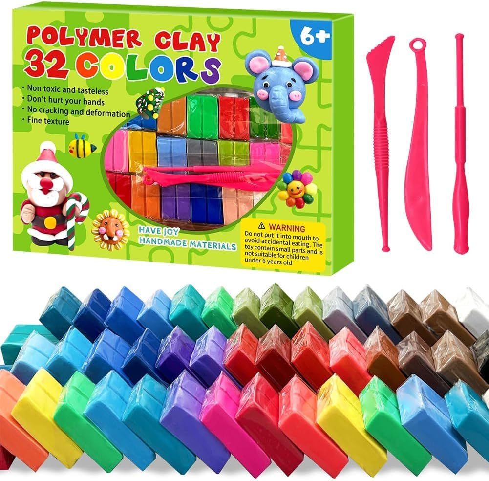 Polymer Clay 32 Colors, Polymer Clay Set, Modelling Clay for Kids DIY Starter Kits, Polymer Clay Starter Kit with Sculpting Tools, Oven Bake Clay, Crafts Gift for Beginners/Adults